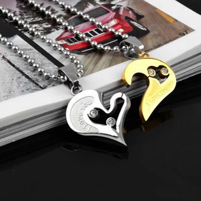 Matching Necklace Heart Pendant for Women Men round Zircon Half-Heart Stainless Steel Bead Chain Hip Hop Couple Jewlery Gifts