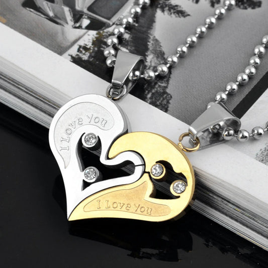 Matching Necklace Heart Pendant for Women Men round Zircon Half-Heart Stainless Steel Bead Chain Hip Hop Couple Jewlery Gifts
